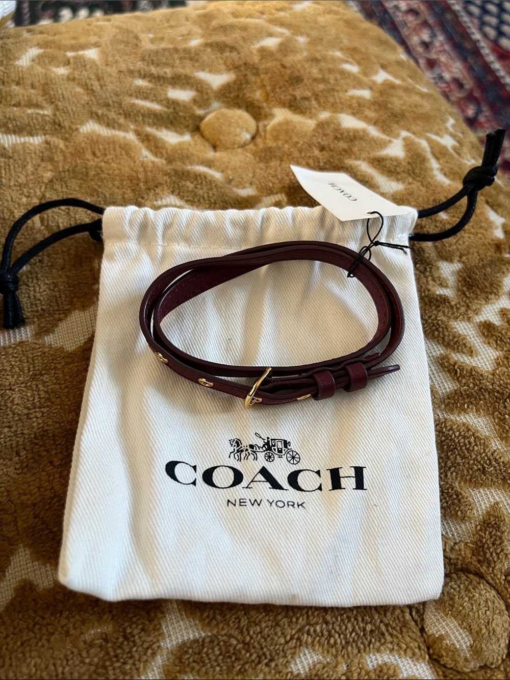 Coach Double-Wrap Leather Bracelet in Burgundy with Gold Hardware